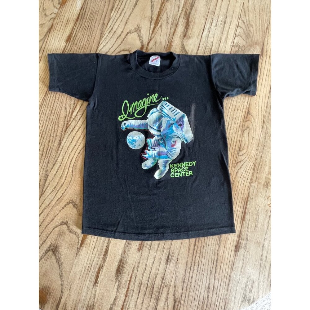 VTG 90s Kennedy Space Center T-Shirt Youth L Black Imagine Astronaut - Picture 1 of 7